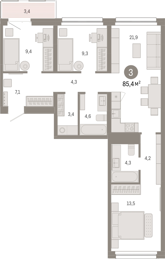 3-комнатная квартира в ЖК EVER на 17 этаже в 1 секции. Сдача в 3 кв. 2025 г.