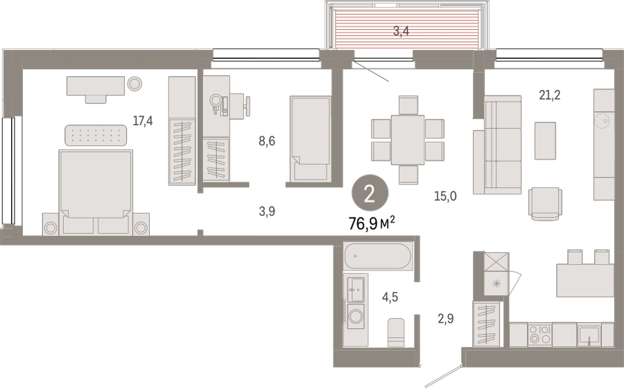 2-комнатная квартира в ЖК EVER на 4 этаже в 1 секции. Сдача в 3 кв. 2025 г.