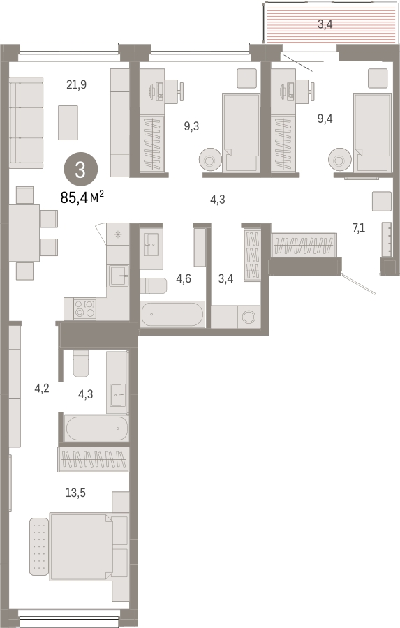 3-комнатная квартира в ЖК Twelve на 22 этаже в 1 секции. Сдача в 1 кв. 2026 г.