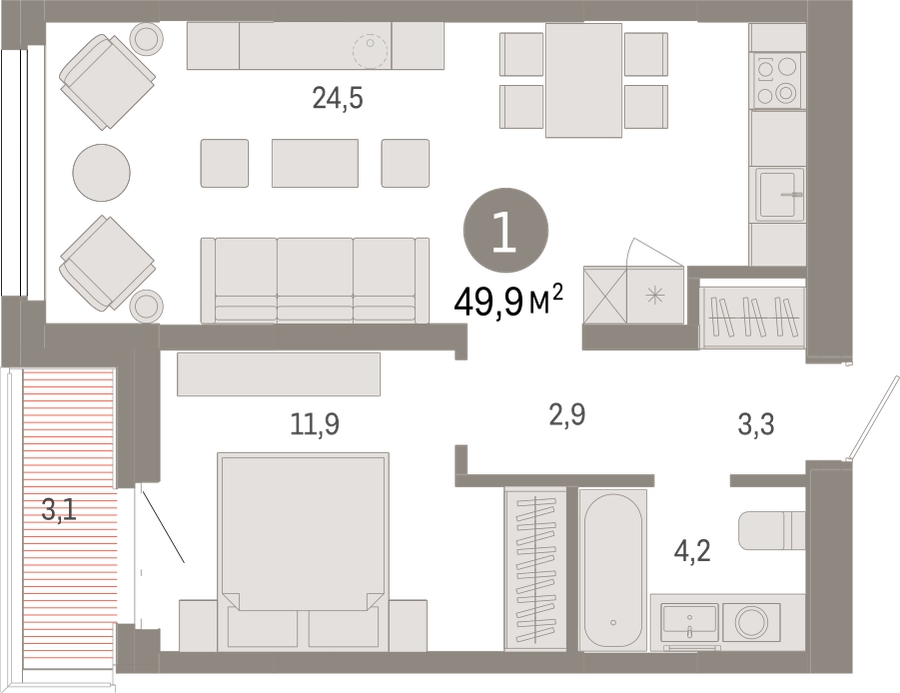 3-комнатная квартира в ЖК Twelve на 26 этаже в 1 секции. Сдача в 1 кв. 2026 г.