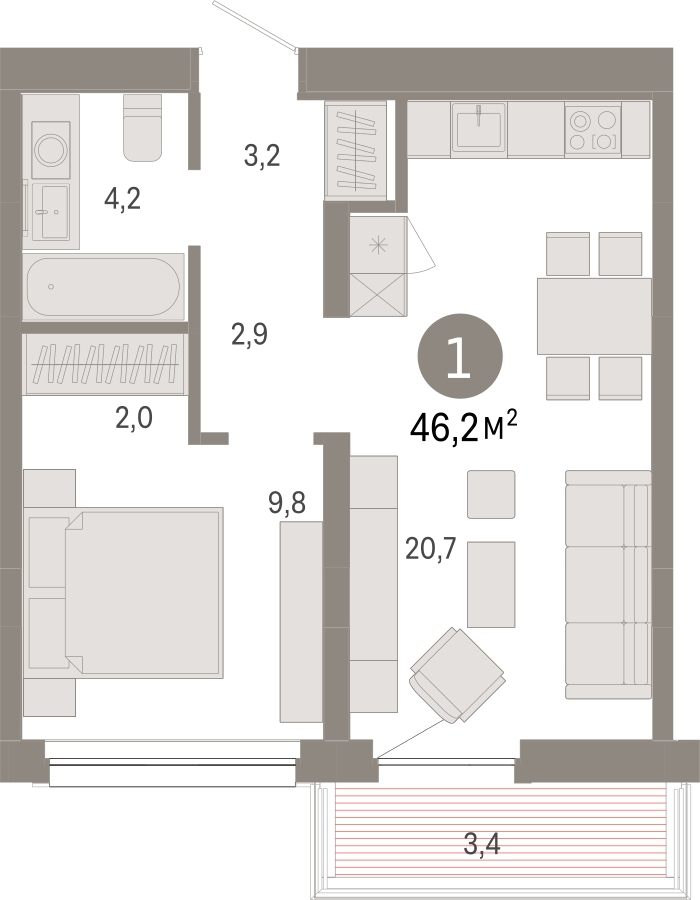 3-комнатная квартира в ЖК Twelve на 16 этаже в 1 секции. Сдача в 1 кв. 2026 г.