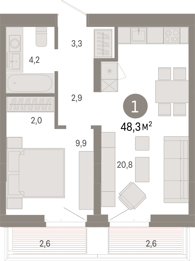 2-комнатная квартира в ЖК Twelve на 16 этаже в 1 секции. Сдача в 1 кв. 2026 г.