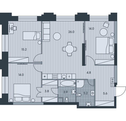 3-комнатная квартира в ЖК Twelve на 27 этаже в 1 секции. Сдача в 1 кв. 2026 г.