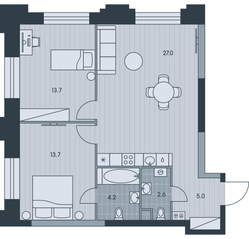 2-комнатная квартира с отделкой в ЖК Лисичанская, 22 на 7 этаже в 1 секции. Сдача в 4 кв. 2025 г.