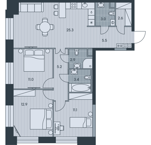 4-комнатная квартира в ЖК EVER на 12 этаже в 1 секции. Сдача в 3 кв. 2025 г.