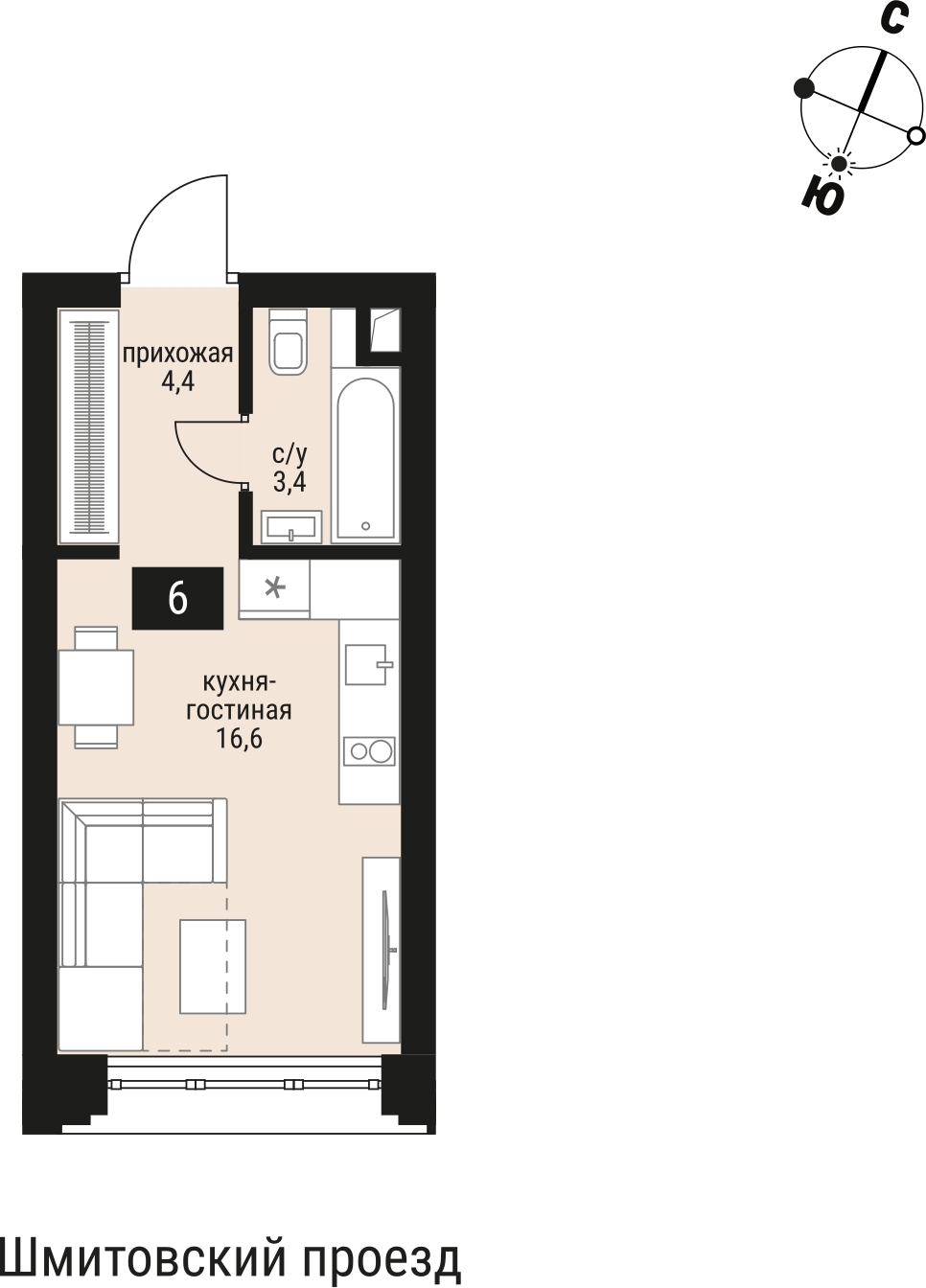 1-комнатная квартира (Студия) в ЖК Беринг на 3 этаже в 1 секции. Сдача в 4 кв. 2025 г.