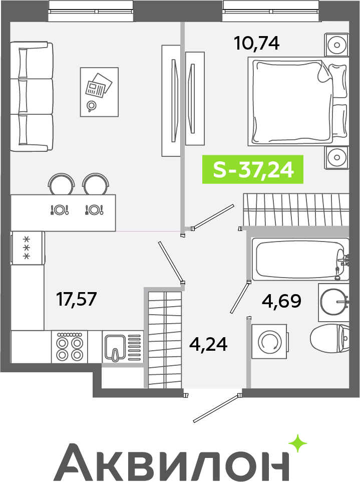 1-комнатная квартира (Студия) в ЖК Беринг на 4 этаже в 3 секции. Сдача в 4 кв. 2025 г.