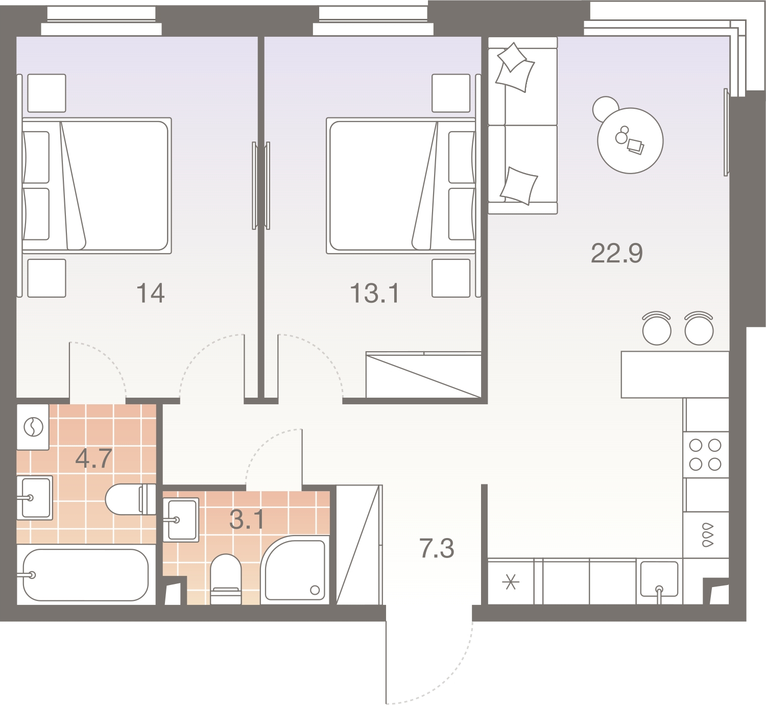 1-комнатная квартира с отделкой в ЖК Квартал Лаголово на 9 этаже в 2 секции. Сдача в 4 кв. 2025 г.