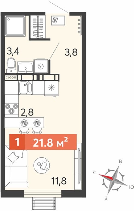 1-комнатная квартира в ЖК Беринг на 13 этаже в 4 секции. Сдача в 4 кв. 2025 г.