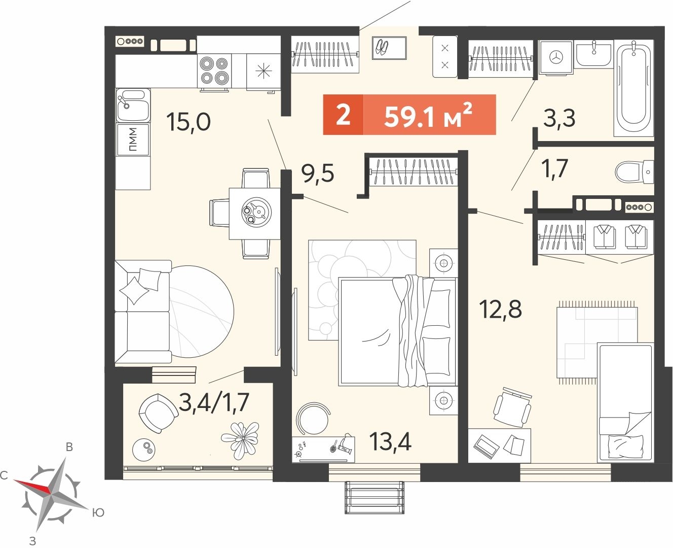 1-комнатная квартира в ЖК Беринг на 4 этаже в 4 секции. Сдача в 4 кв. 2025 г.