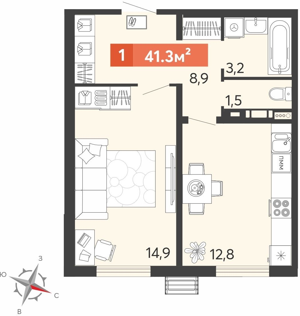 1-комнатная квартира в ЖК Беринг на 4 этаже в 3 секции. Сдача в 4 кв. 2025 г.