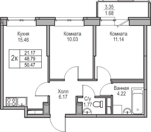 1-комнатная квартира с отделкой в ЖК Квартал Лаголово на 2 этаже в 1 секции. Сдача в 4 кв. 2025 г.