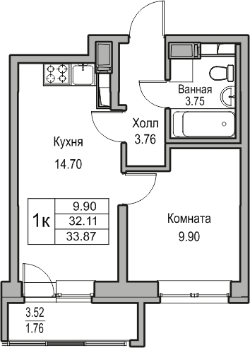 1-комнатная квартира (Студия) в ЖК Беринг на 7 этаже в 4 секции. Сдача в 4 кв. 2025 г.