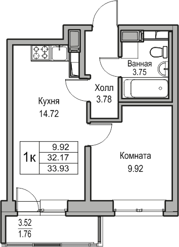 1-комнатная квартира (Студия) с отделкой в ЖК Квартал Лаголово на 8 этаже в 4 секции. Сдача в 4 кв. 2025 г.