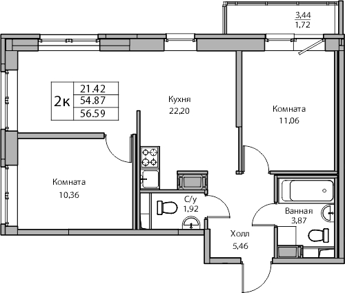 2-комнатная квартира с отделкой в ЖК Квартал Лаголово на 4 этаже в 1 секции. Сдача в 3 кв. 2025 г.