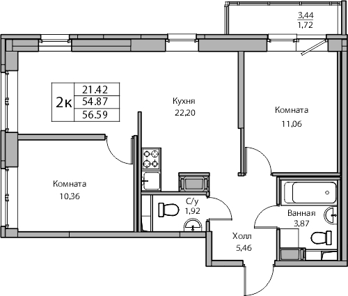 2-комнатная квартира с отделкой в ЖК Квартал Лаголово на 2 этаже в 8 секции. Сдача в 4 кв. 2025 г.