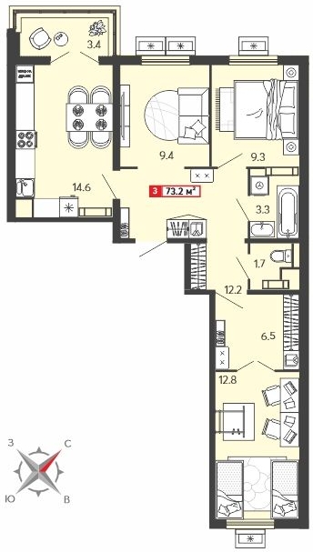 1-комнатная квартира в ЖК Беринг на 6 этаже в 5 секции. Сдача в 4 кв. 2025 г.