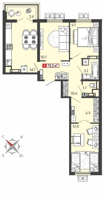 2-комнатная квартира с отделкой в ЖК Portland на 3 этаже в 1 секции. Сдача в 4 кв. 2025 г.