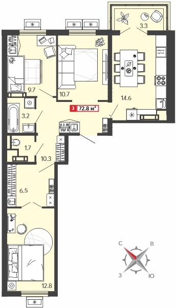 2-комнатная квартира с отделкой в ЖК Portland на 2 этаже в 1 секции. Сдача в 4 кв. 2025 г.