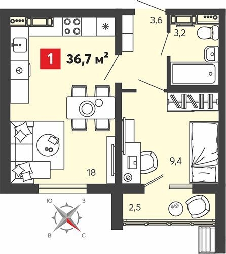 1-комнатная квартира (Студия) с отделкой в ЖК Portland на 18 этаже в 1 секции. Сдача в 4 кв. 2025 г.