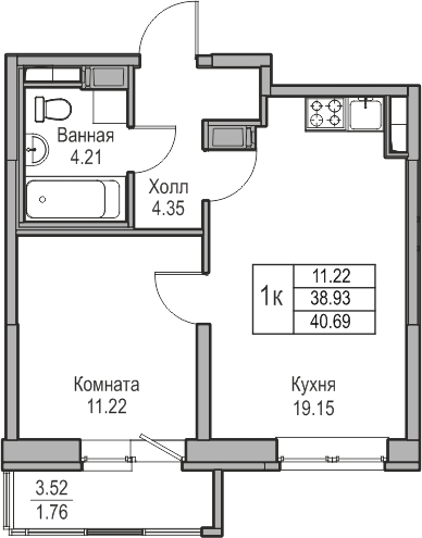 1-комнатная квартира (Студия) в ЖК Беринг на 3 этаже в 5 секции. Сдача в 4 кв. 2025 г.