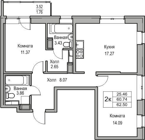 2-комнатная квартира в ЖК Беринг на 9 этаже в 2 секции. Сдача в 4 кв. 2025 г.