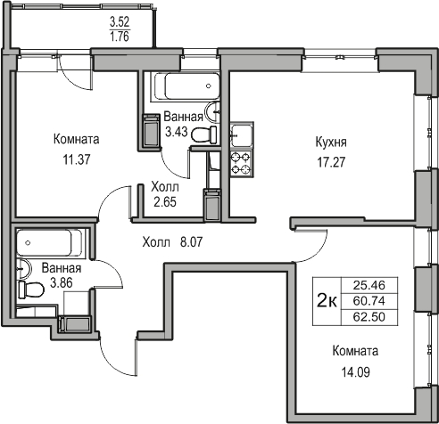 1-комнатная квартира в ЖК Беринг на 2 этаже в 3 секции. Сдача в 4 кв. 2025 г.