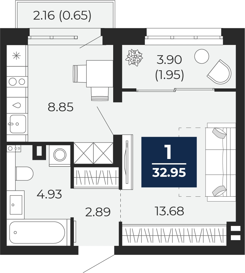 1-комнатная квартира (Студия) с отделкой в ЖК Меридиан ЮГ на 14 этаже в 2 секции. Сдача в 4 кв. 2024 г.