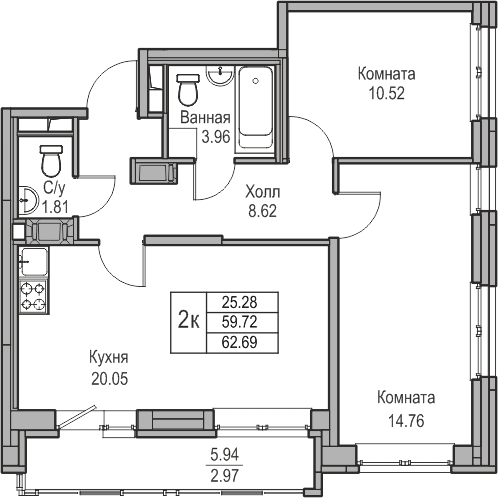 1-комнатная квартира (Студия) в ЖК Беринг на 5 этаже в 2 секции. Сдача в 4 кв. 2025 г.