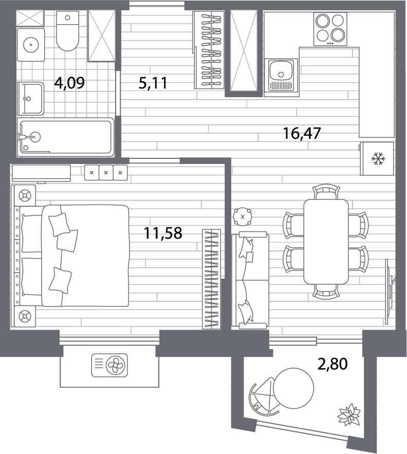 1-комнатная квартира (Студия) в ЖК Беринг на 8 этаже в 2 секции. Сдача в 4 кв. 2025 г.