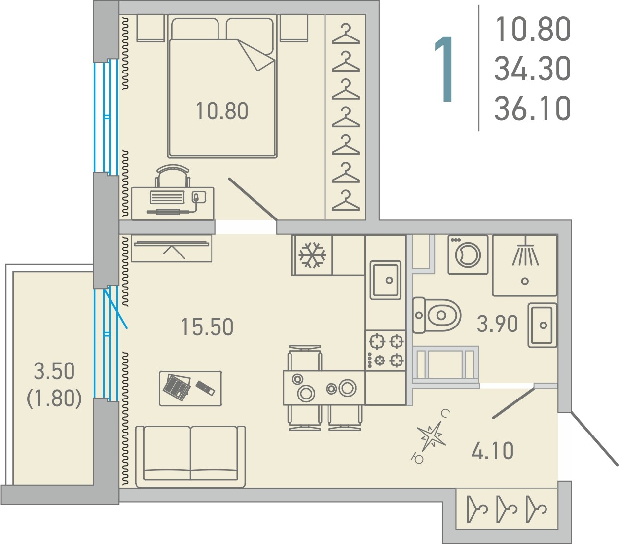 2-комнатная квартира в ЖК Беринг на 9 этаже в 4 секции. Сдача в 4 кв. 2025 г.