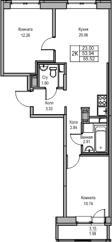 2-комнатная квартира в ЖК Беринг на 14 этаже в 5 секции. Сдача в 4 кв. 2025 г.