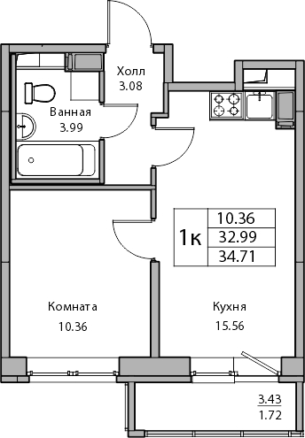 1-комнатная квартира в ЖК Беринг на 3 этаже в 3 секции. Сдача в 4 кв. 2025 г.