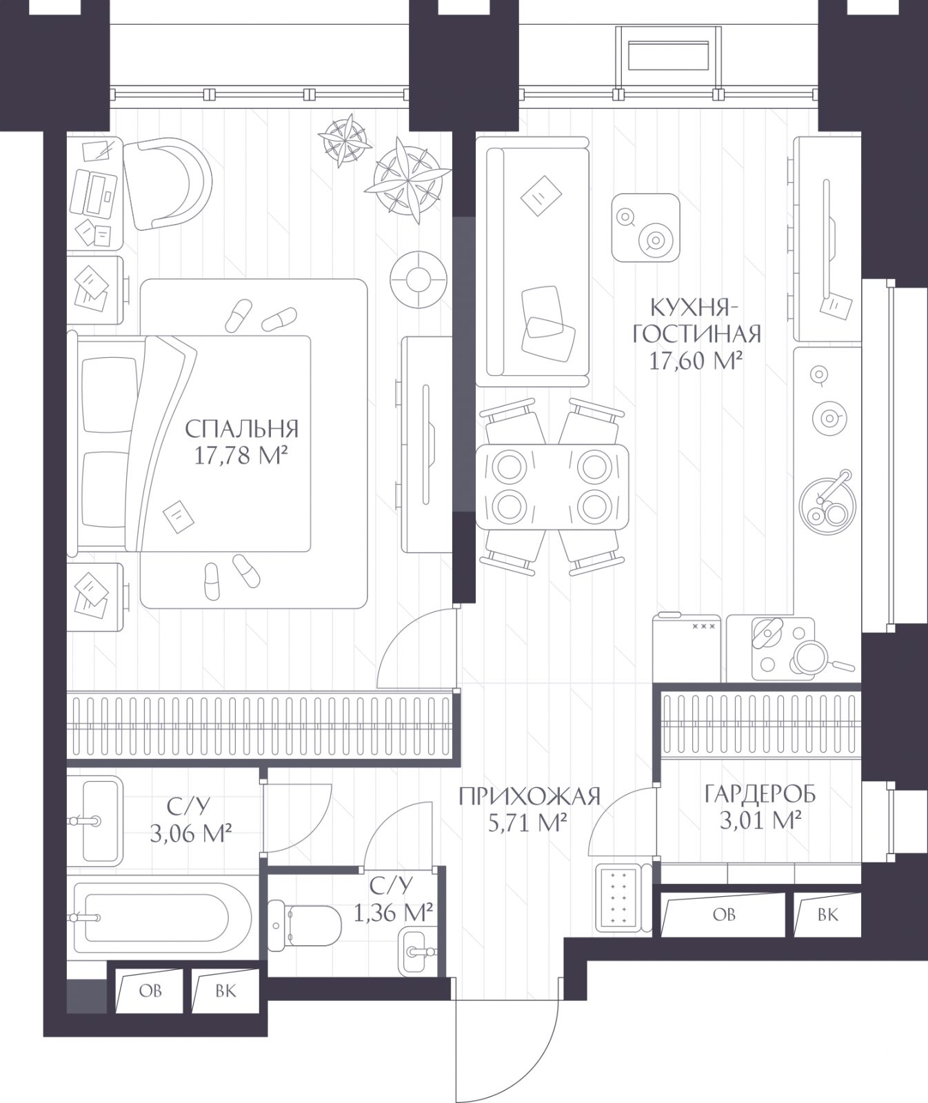 2-комнатная квартира в ЖК Беринг на 14 этаже в 4 секции. Сдача в 4 кв. 2025 г.