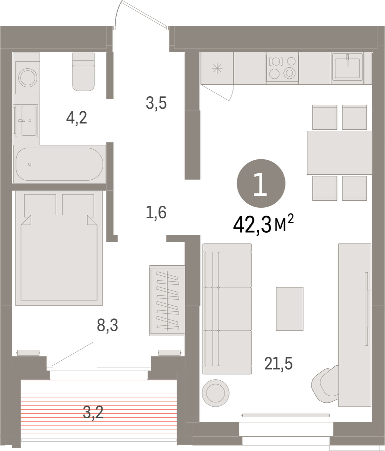 1-комнатная квартира в ЖК Беринг на 11 этаже в 3 секции. Сдача в 4 кв. 2025 г.