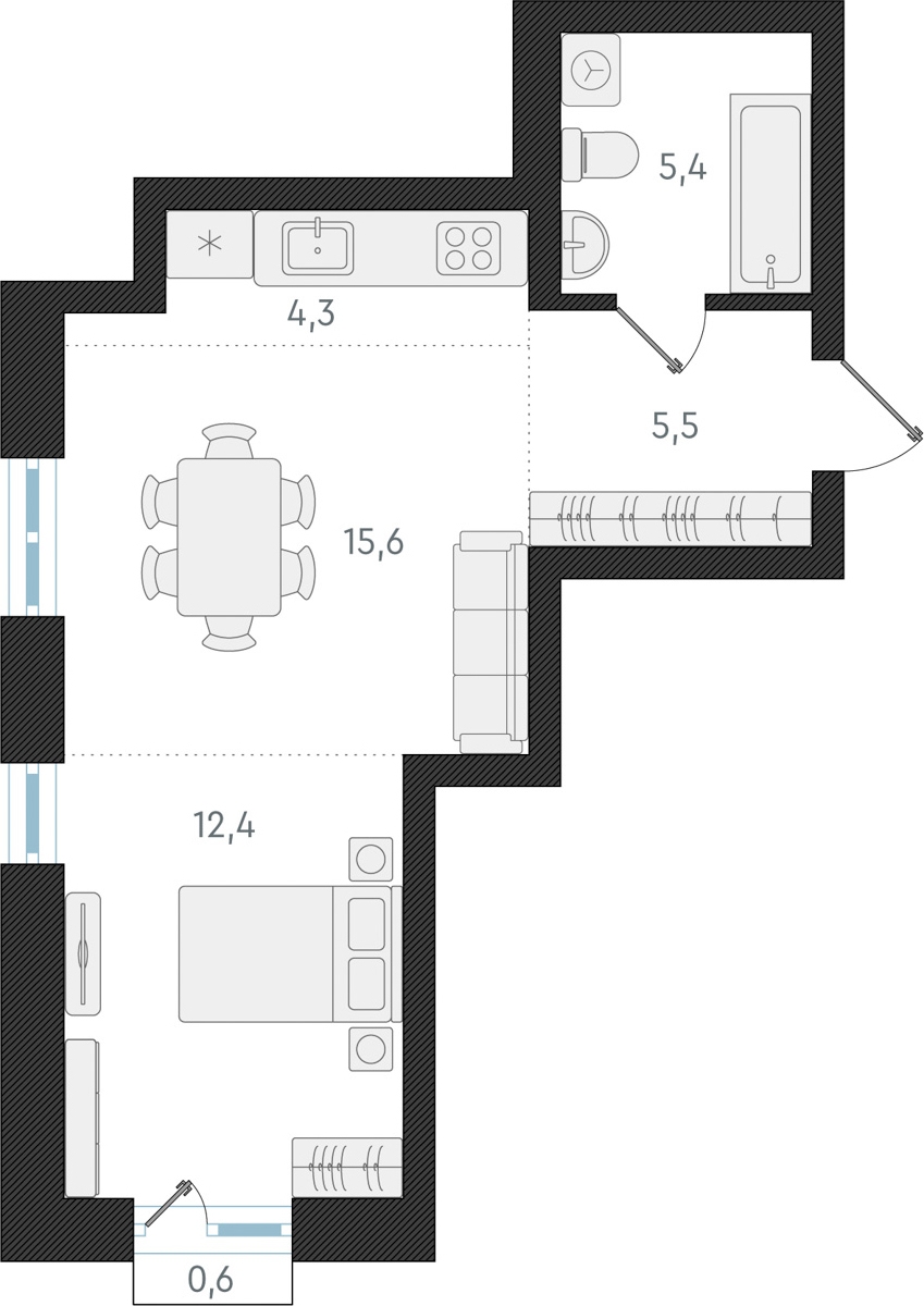 1-комнатная квартира в ЖК Беринг на 5 этаже в 4 секции. Сдача в 4 кв. 2025 г.