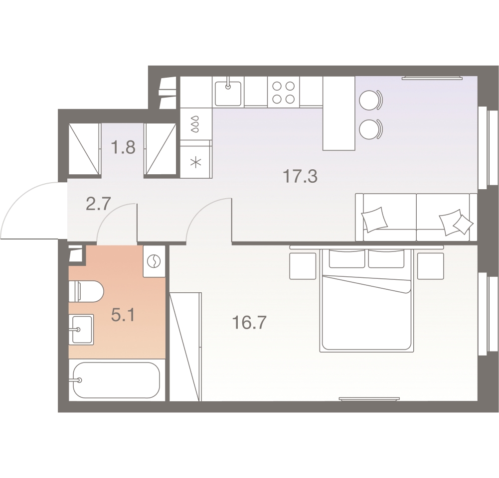 1-комнатная квартира в ЖК Беринг на 10 этаже в 4 секции. Сдача в 4 кв. 2025 г.