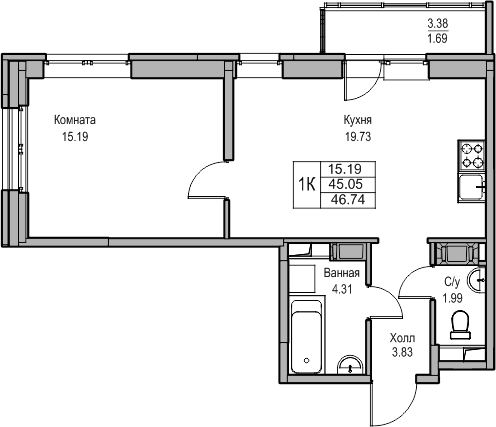 1-комнатная квартира в ЖК Беринг на 5 этаже в 4 секции. Сдача в 4 кв. 2025 г.