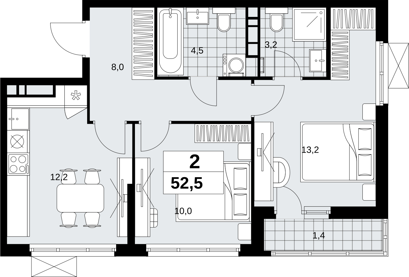 2-комнатная квартира в ЖК Скандинавия на 8 этаже в 1 секции. Сдача в 4 кв. 2026 г.