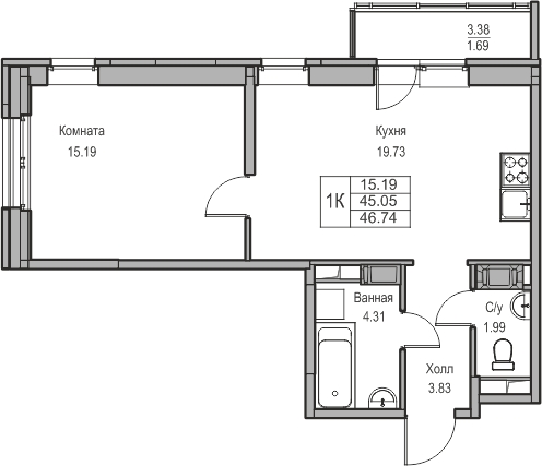 1-комнатная квартира в ЖК Беринг на 6 этаже в 2 секции. Сдача в 4 кв. 2025 г.