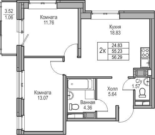 3-комнатная квартира в ЖК Беринг на 6 этаже в 5 секции. Сдача в 4 кв. 2025 г.