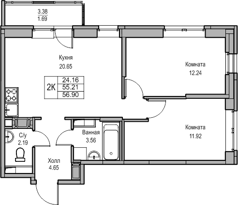 2-комнатная квартира в ЖК Twelve на 30 этаже в 1 секции. Сдача в 1 кв. 2026 г.