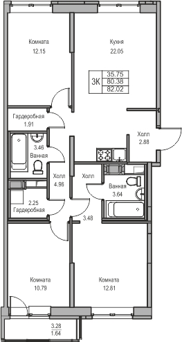 3-комнатная квартира в ЖК Беринг на 6 этаже в 2 секции. Сдача в 4 кв. 2025 г.
