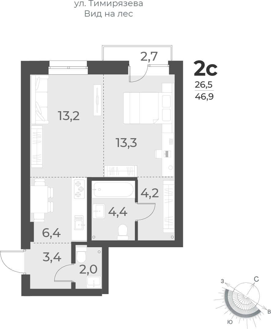 2-комнатная квартира с отделкой в ЖК Таллинский парк на 8 этаже в 1 секции. Сдача в 3 кв. 2025 г.