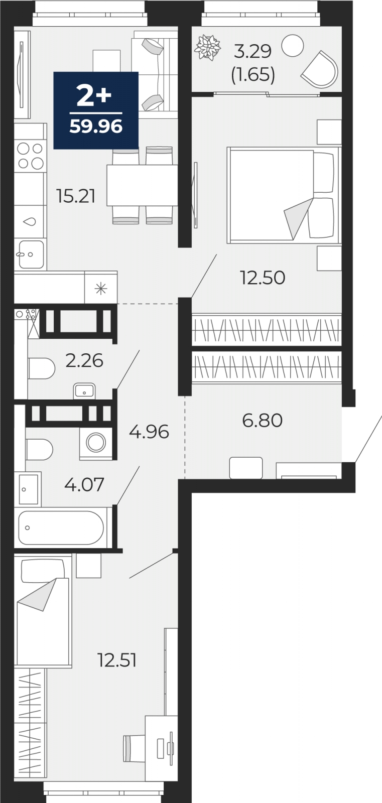 2-комнатная квартира в ЖК TERLE PARK на 3 этаже в 3 секции. Сдача в 4 кв. 2025 г.