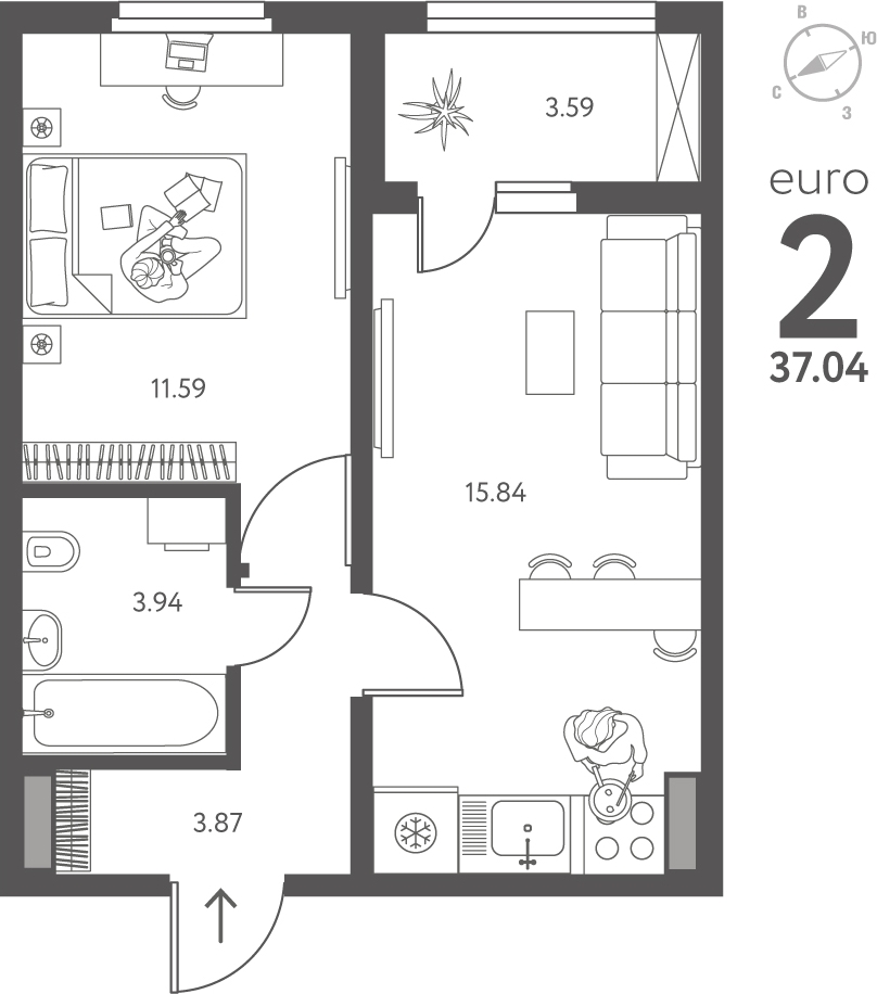 3-комнатная квартира в ЖК Twelve на 18 этаже в 1 секции. Сдача в 1 кв. 2026 г.