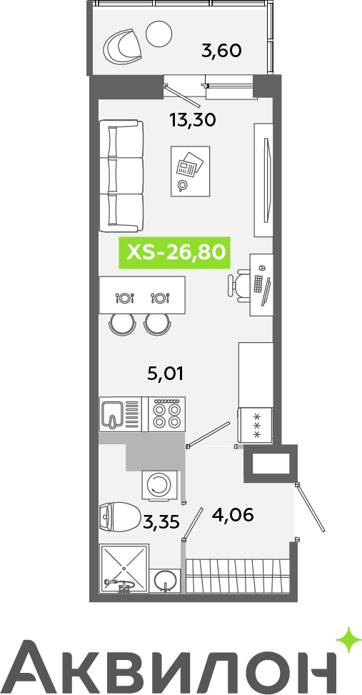 2-комнатная квартира в ЖК Беринг на 12 этаже в 2 секции. Сдача в 4 кв. 2025 г.