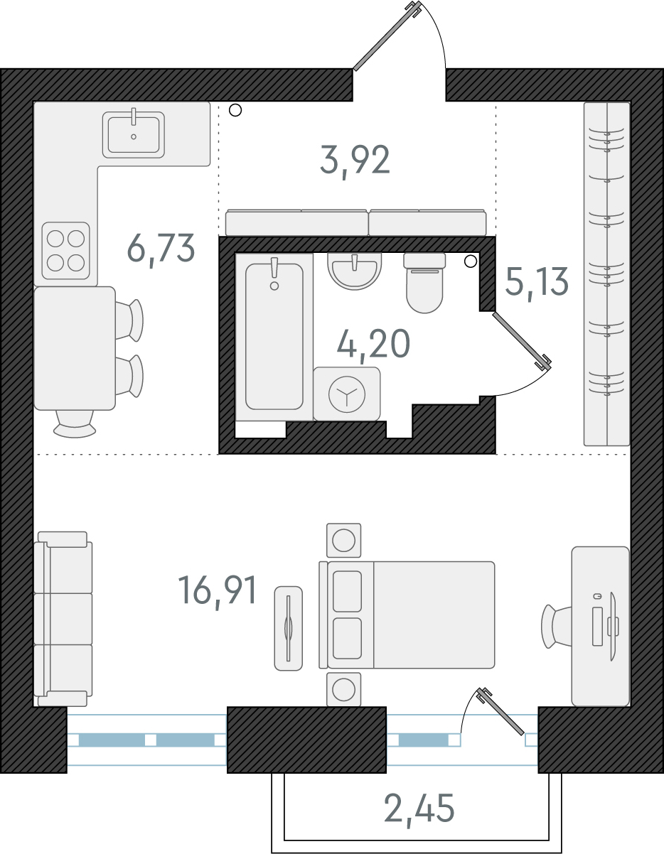 2-комнатная квартира в ЖК Беринг на 13 этаже в 3 секции. Сдача в 4 кв. 2025 г.