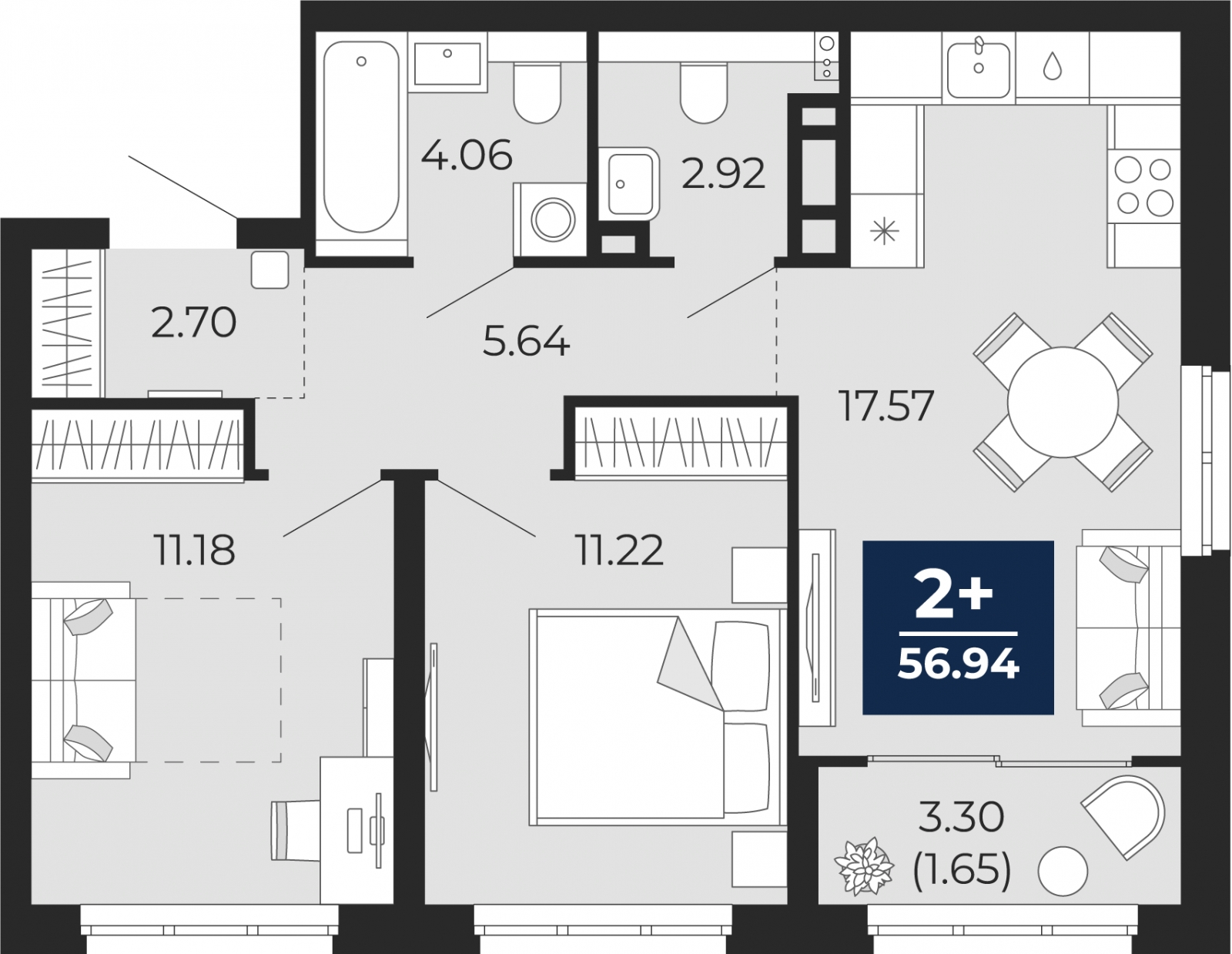 2-комнатная квартира в ЖК TERLE PARK на 3 этаже в 9 секции. Сдача в 4 кв. 2025 г.