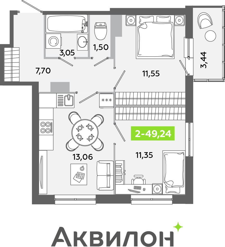 2-комнатная квартира в ЖК Беринг на 2 этаже в 3 секции. Сдача в 4 кв. 2025 г.